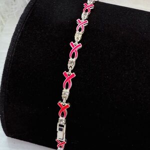 Breast cancer awareness, pink and Silvertone, bling accent, tennis bracelet